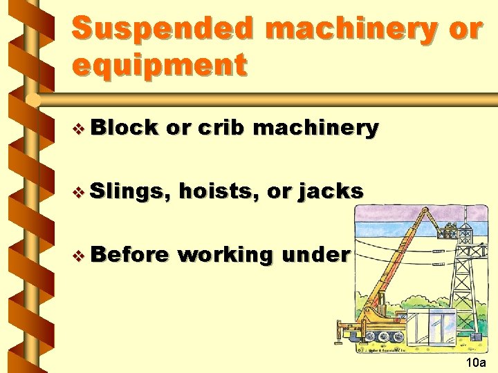 Suspended machinery or equipment v Block or crib machinery v Slings, hoists, or jacks