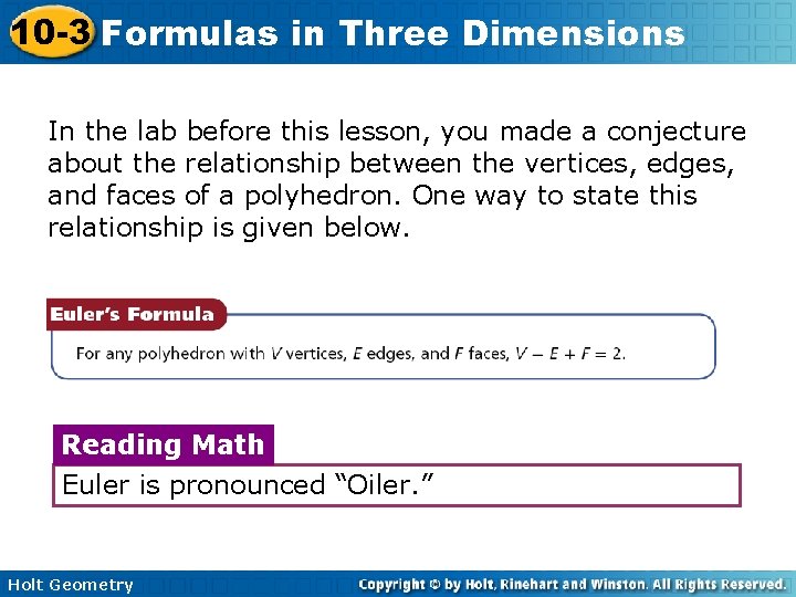 10 -3 Formulas in Three Dimensions In the lab before this lesson, you made