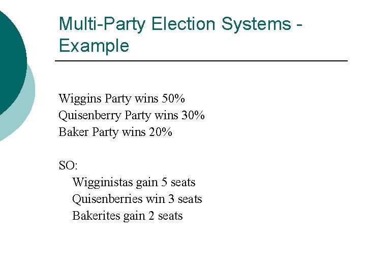 Multi-Party Election Systems Example Wiggins Party wins 50% Quisenberry Party wins 30% Baker Party