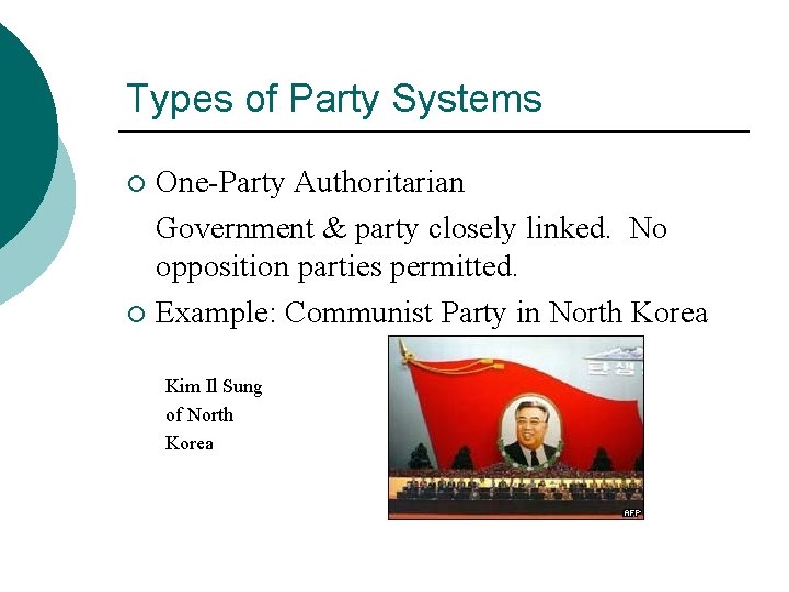 Types of Party Systems One-Party Authoritarian Government & party closely linked. No opposition parties