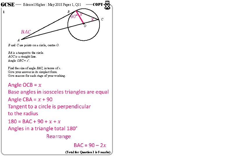 GCSE Edexcel Higher : May 2018 Paper 1, Q 11 B 1 90° C