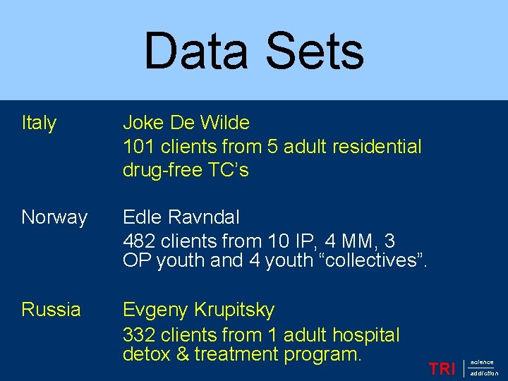 Data Sets Italy Joke De Wilde 101 clients from 5 adult residential drug-free TC’s