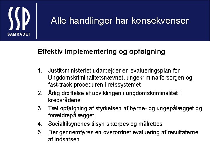 Alle handlinger har konsekvenser Effektiv implementering og opfølgning 1. Justitsministeriet udarbejder en evalueringsplan for