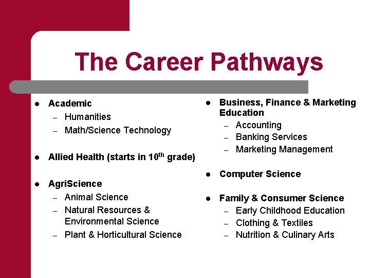 The Career Pathways l Academic – Humanities – Math/Science Technology l Allied Health (starts