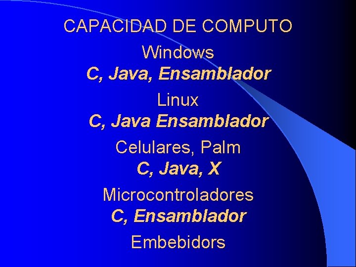 CAPACIDAD DE COMPUTO Windows C, Java, Ensamblador Linux C, Java Ensamblador Celulares, Palm C,