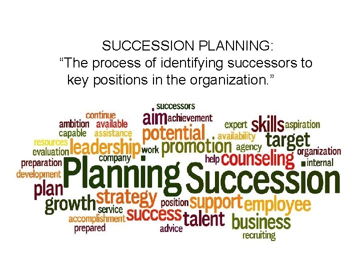 SUCCESSION PLANNING: “The process of identifying successors to key positions in the organization. ”