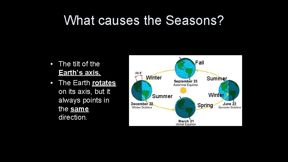 What causes the Seasons? • The tilt of the Earth’s axis. • The Earth