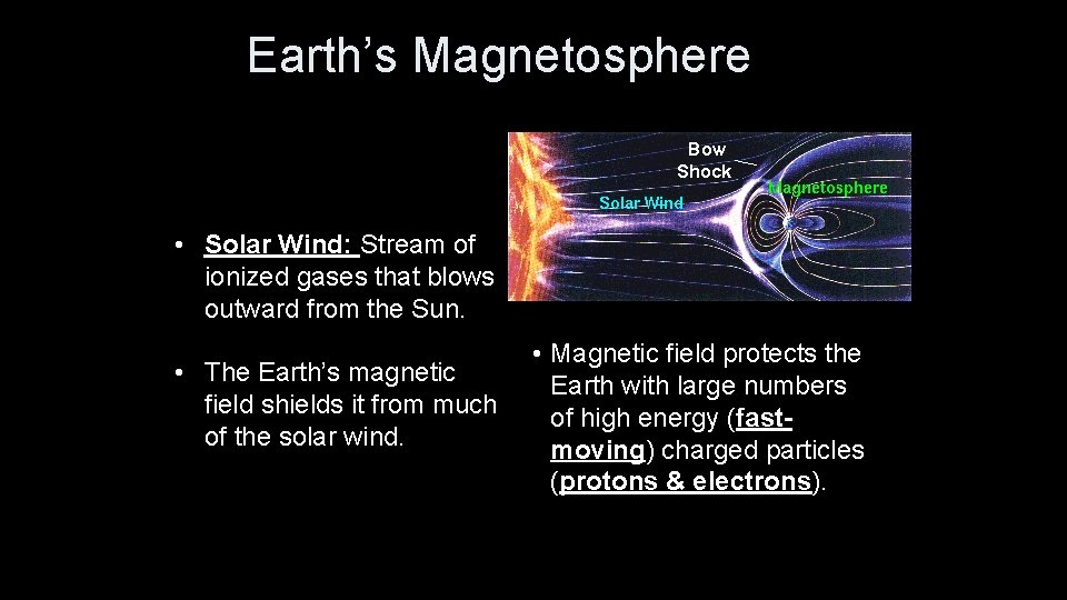 Earth’s Magnetosphere • Solar Wind: Stream of ionized gases that blows outward from the