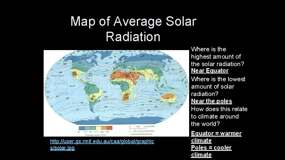 Map of Average Solar Radiation http: //user. gs. rmit. edu. au/caa/global/graphic s/solar. jpg Where