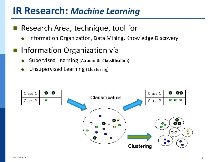 IR Research: Machine Learning n Research Area, technique, tool for n Information Organization, Data