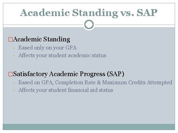 Academic Standing vs. SAP �Academic Standing • • Based only on your GPA Affects