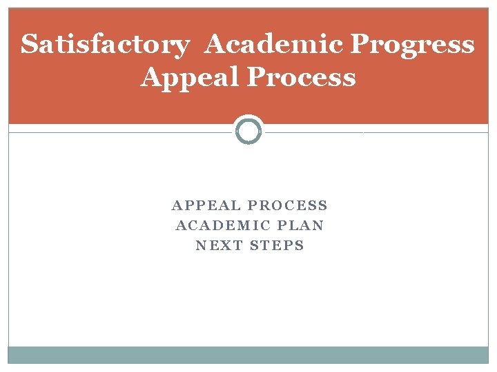 Satisfactory Academic Progress Appeal Process APPEAL PROCESS ACADEMIC PLAN NEXT STEPS 