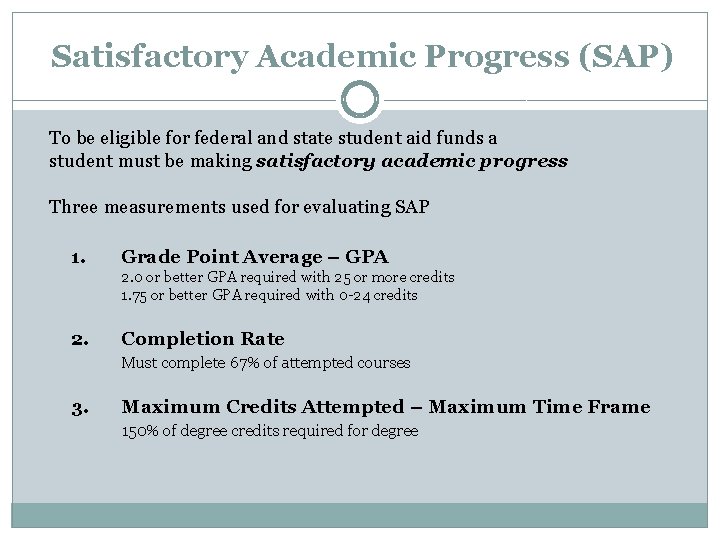 Satisfactory Academic Progress (SAP) To be eligible for federal and state student aid funds