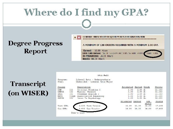 Where do I find my GPA? Degree Progress Report Transcript (on WISER) 