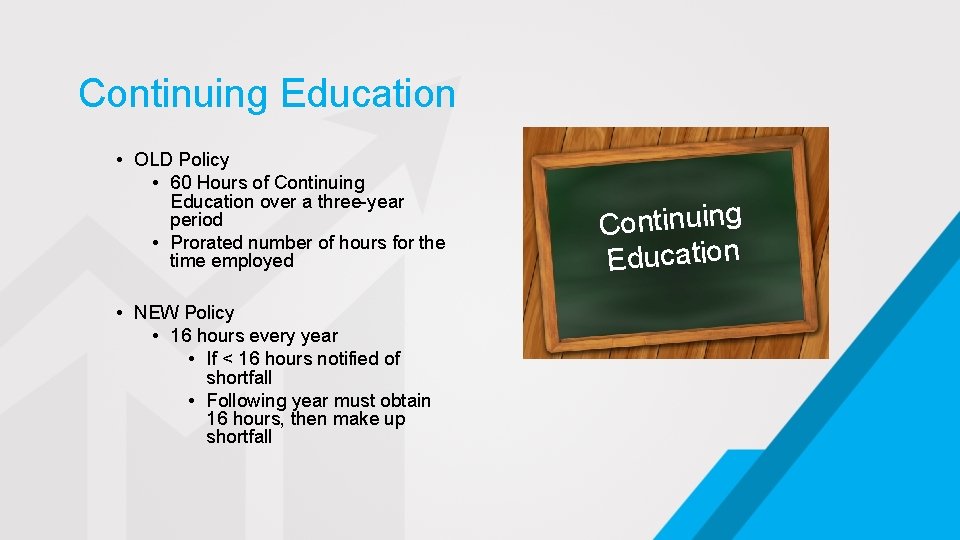 Continuing Education • OLD Policy • 60 Hours of Continuing Education over a three-year