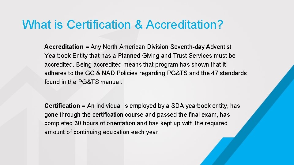 What is Certification & Accreditation? Accreditation = Any North American Division Seventh-day Adventist Yearbook