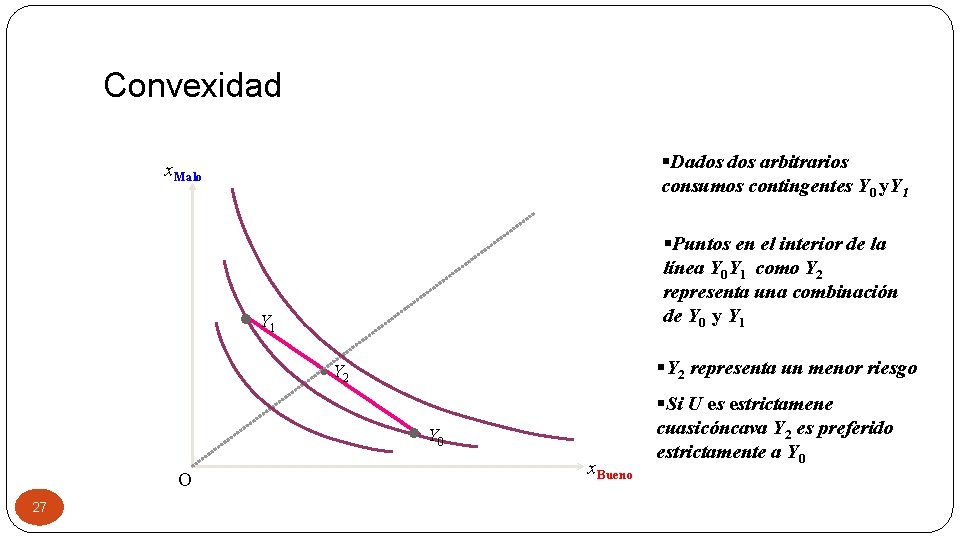 Convexidad §Dados arbitrarios consumos contingentes Y 0 y. Y 1 x. Malo §Puntos en