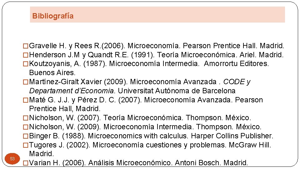 Bibliografía � Gravelle H. y Rees R. (2006). Microeconomía. Pearson Prentice Hall. Madrid. �