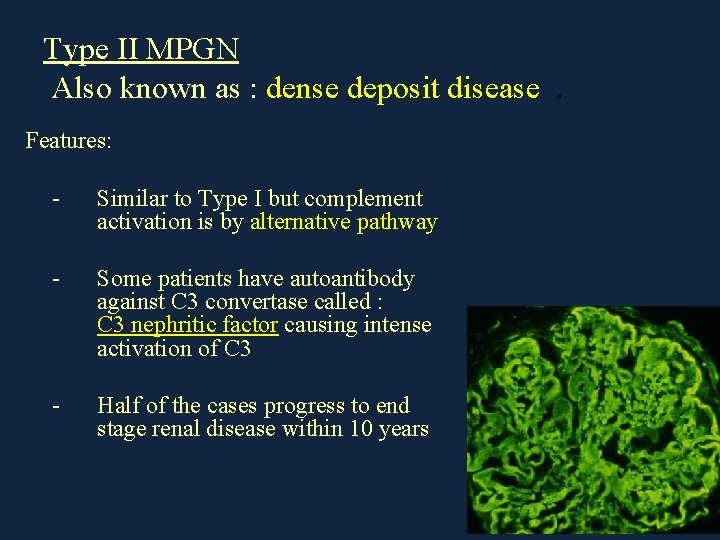 Type II MPGN Also known as : dense deposit disease. Features: - Similar to