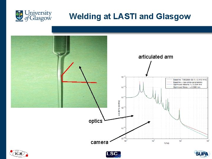 Welding at LASTI and Glasgow articulated arm optics camera 