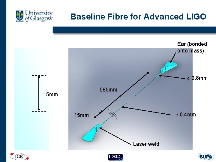 Baseline Fibre for Advanced LIGO Ear (bonded onto mass) 0. 8 mm 585 mm