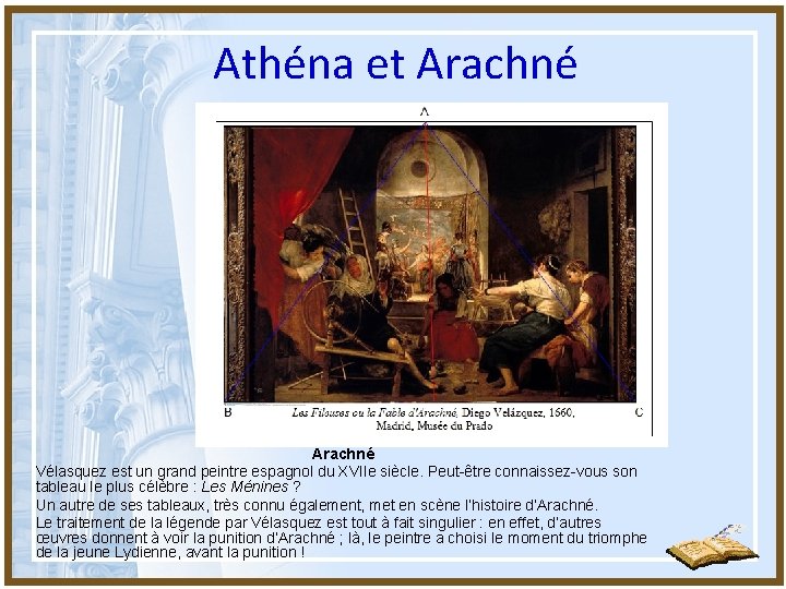 Athéna et Arachné Vélasquez est un grand peintre espagnol du XVIIe siècle. Peut-être connaissez-vous