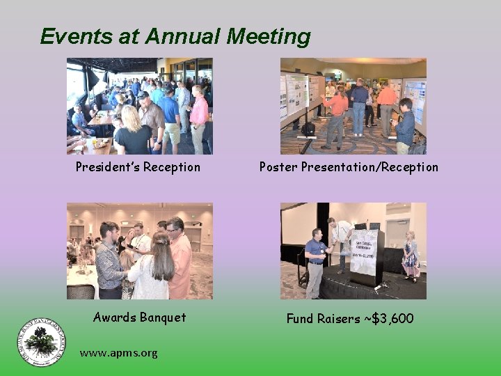 Events at Annual Meeting President’s Reception Poster Presentation/Reception Awards Banquet Fund Raisers ~$3, 600
