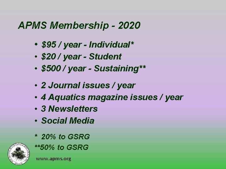 APMS Membership - 2020 • $95 / year - Individual* • $20 / year