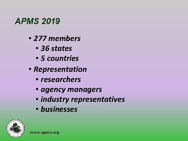 APMS 2019 • 277 members • 36 states • 5 countries • Representation •