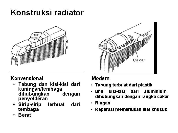 Konstruksi radiator Konvensional • Tabung dan kisi-kisi dari kuningan/tembaga dihubungkan dengan penyolderan • Sirip-sirip