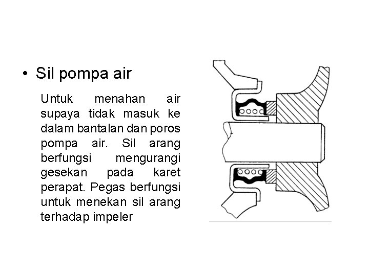  • Sil pompa air Untuk menahan air supaya tidak masuk ke dalam bantalan