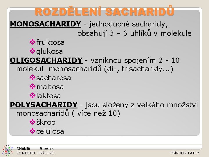 ROZDĚLENÍ SACHARIDŮ MONOSACHARIDY - jednoduché sacharidy, obsahují 3 – 6 uhlíků v molekule vfruktosa