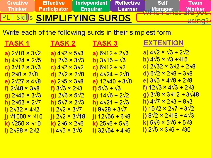 Creative Thinker PLT Skills Effective Participator Independent Enquirer Reflective Learner SIMPLIFYING SURDS Self Manager