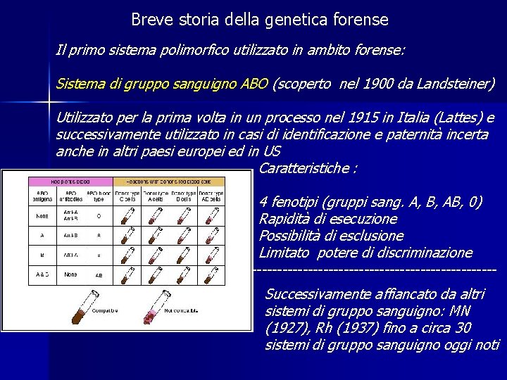 Breve storia della genetica forense Il primo sistema polimorfico utilizzato in ambito forense: Sistema