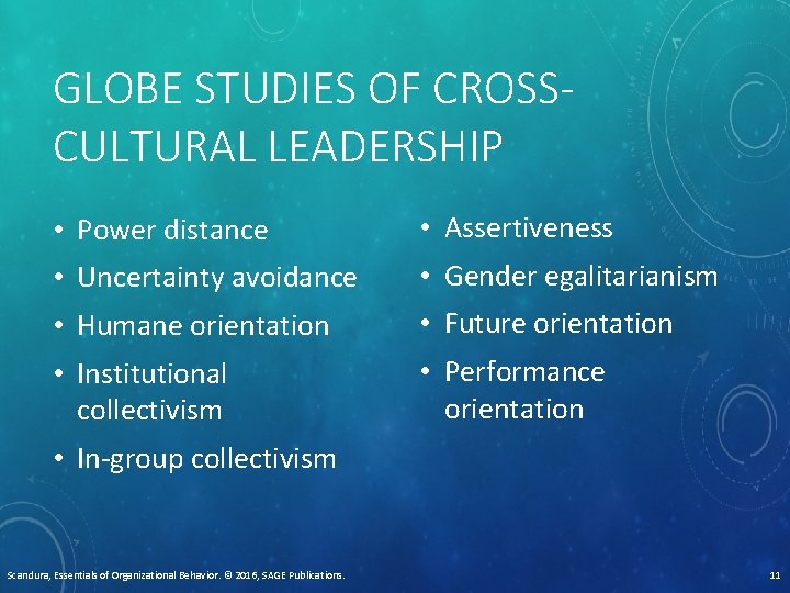 GLOBE STUDIES OF CROSSCULTURAL LEADERSHIP • Power distance • Assertiveness • Uncertainty avoidance •