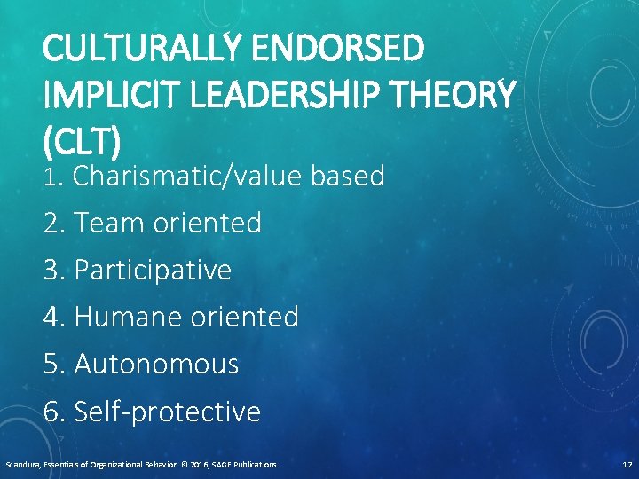 CULTURALLY ENDORSED IMPLICIT LEADERSHIP THEORY (CLT) 1. Charismatic/value based 2. Team oriented 3. Participative