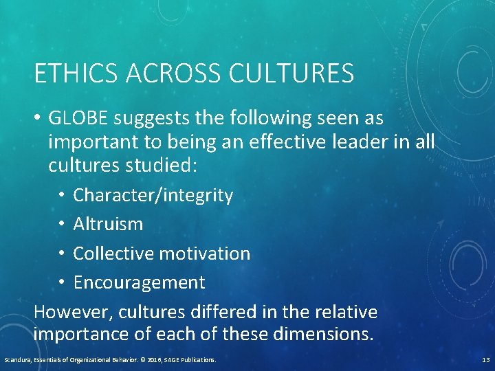 ETHICS ACROSS CULTURES • GLOBE suggests the following seen as important to being an