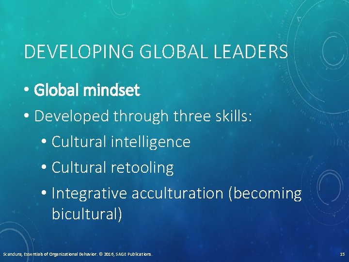 DEVELOPING GLOBAL LEADERS • Global mindset • Developed through three skills: • Cultural intelligence