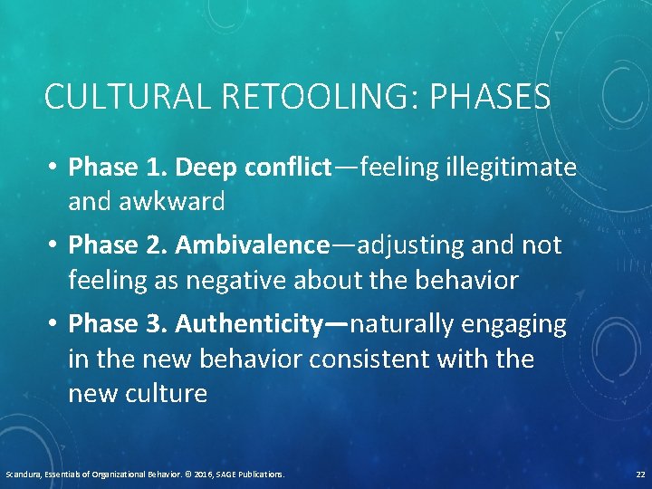 CULTURAL RETOOLING: PHASES • Phase 1. Deep conflict—feeling illegitimate and awkward • Phase 2.
