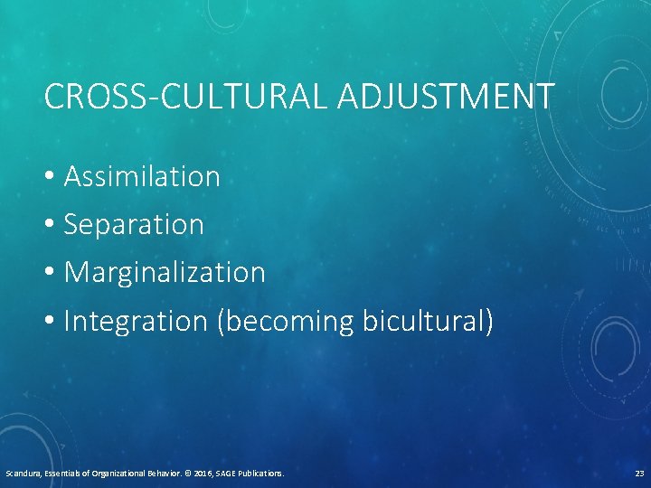 CROSS-CULTURAL ADJUSTMENT • Assimilation • Separation • Marginalization • Integration (becoming bicultural) Scandura, Essentials