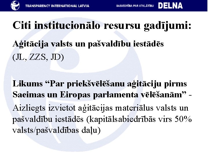 Citi institucionālo resursu gadījumi: Aģitācija valsts un pašvaldību iestādēs (JL, ZZS, JD) Likums “Par