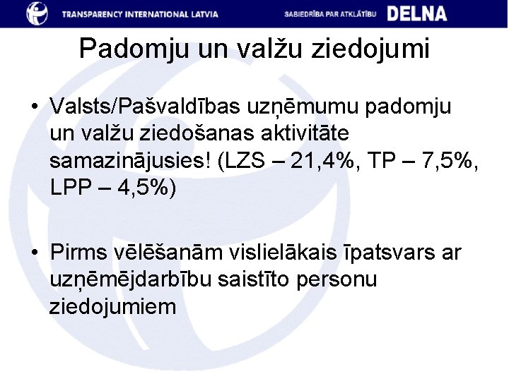 Padomju un valžu ziedojumi • Valsts/Pašvaldības uzņēmumu padomju un valžu ziedošanas aktivitāte samazinājusies! (LZS