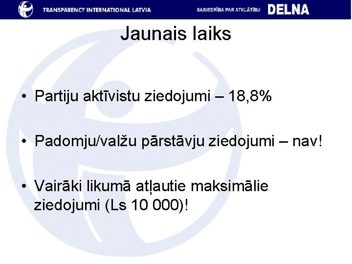 Jaunais laiks • Partiju aktīvistu ziedojumi – 18, 8% • Padomju/valžu pārstāvju ziedojumi –