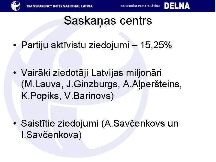 Saskaņas centrs • Partiju aktīvistu ziedojumi – 15, 25% • Vairāki ziedotāji Latvijas miljonāri