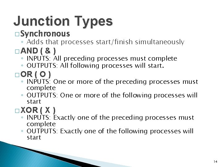 Junction Types � Synchronous ◦ Adds that processes start/finish simultaneously � AND (&) ◦