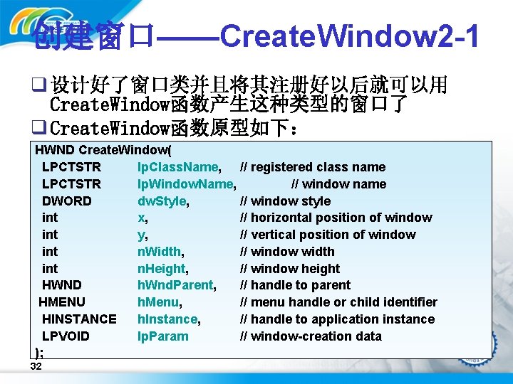 创建窗口——Create. Window 2 -1 q 设计好了窗口类并且将其注册好以后就可以用 Create. Window函数产生这种类型的窗口了 q Create. Window函数原型如下： HWND Create. Window(