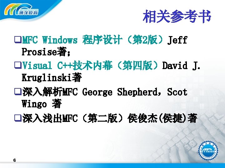 相关参考书 q. MFC Windows 程序设计（第 2版）Jeff Prosise著； q. Visual C++技术内幕（第四版）David J. Kruglinski著 q深入解析MFC George