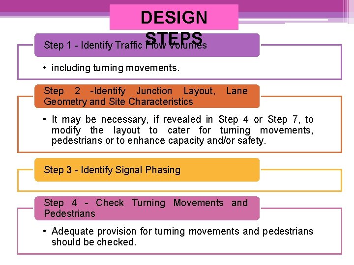 DESIGN Step 1 - Identify Traffic STEPS Flow Volumes • including turning movements. Step