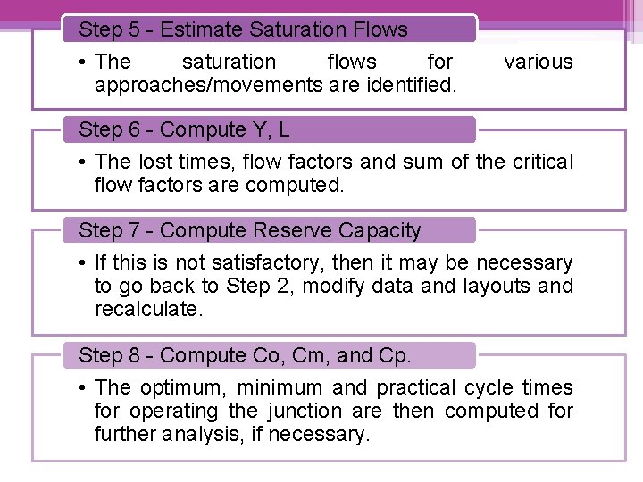 Step 5 - Estimate Saturation Flows • The saturation flows for approaches/movements are identified.