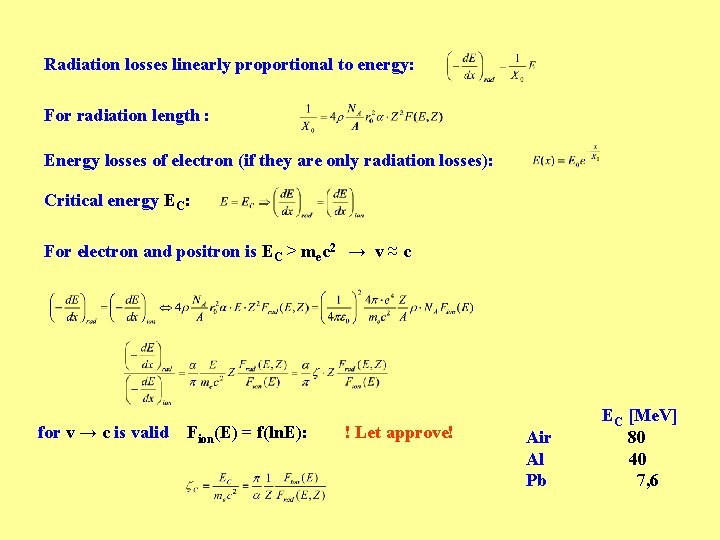 Radiation losses linearly proportional to energy: For radiation length : Energy losses of electron